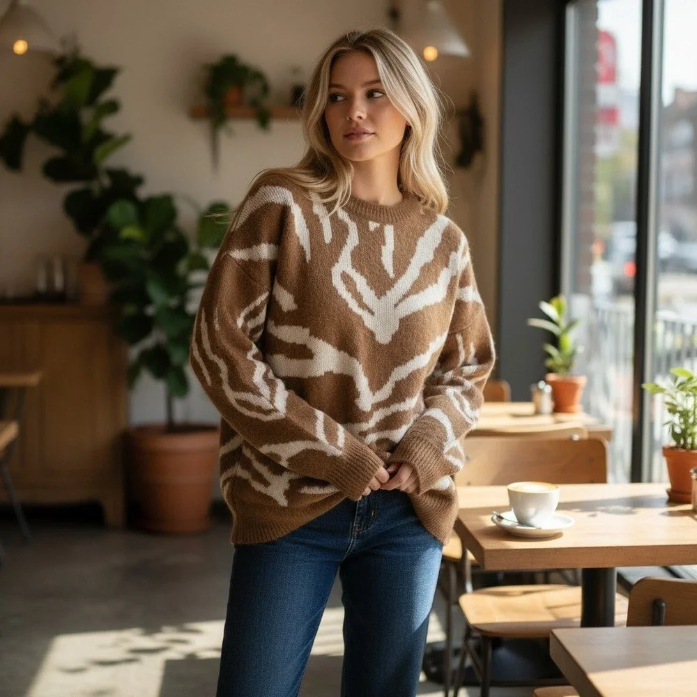 ENTRO Women's Medium Fuzzy Zebra Print Long Sleeve Sweater